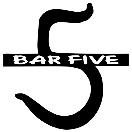 Text graphic featuring the phrase "BAR FIVE" in bold, white lettering on a black background, ideal for branding or promotional materials related to a bar or nightlife venue.